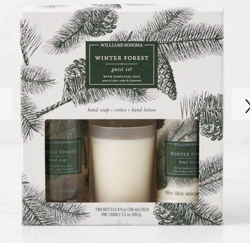 Williams Sonoma Winter Forest Guest Essentials Frosted Candle Soap & Lotion New